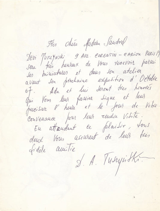Devi TUSZYNSKI lettre autographe signée miniaturiste judaica