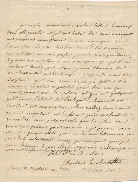 philologue bibliographe de La Rochette Antiquité 1800 lettre autographe signée