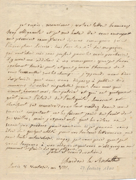 philologue bibliographe de La Rochette Antiquité 1800 lettre autographe signée