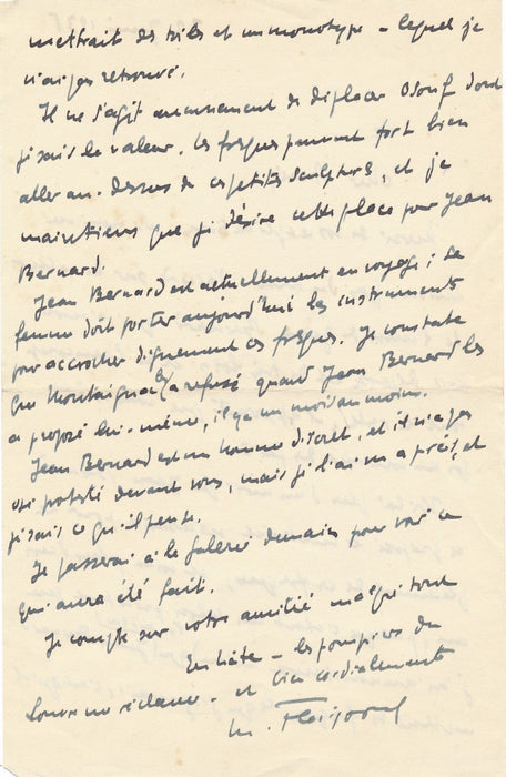 art SUR l'artiste Jean Bernard sculpteur fresques lettre autographe signée