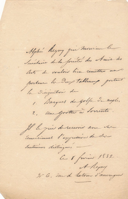 Alphée REGNY lettre autographe Société des Amis des Arts prix de deux oeuvres