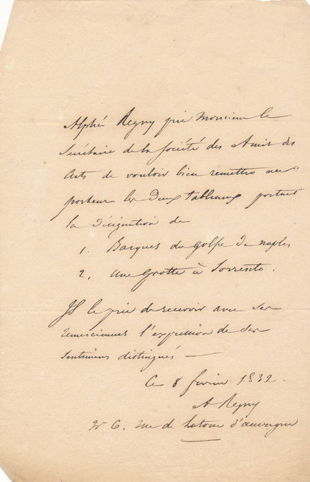Alphée REGNY lettre autographe Société des Amis des Arts prix de deux oeuvres