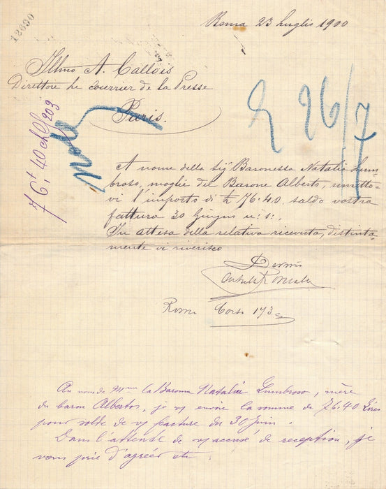 Natalia Lumbroso épouse baron ALBERTO lettre dictée coupure presse