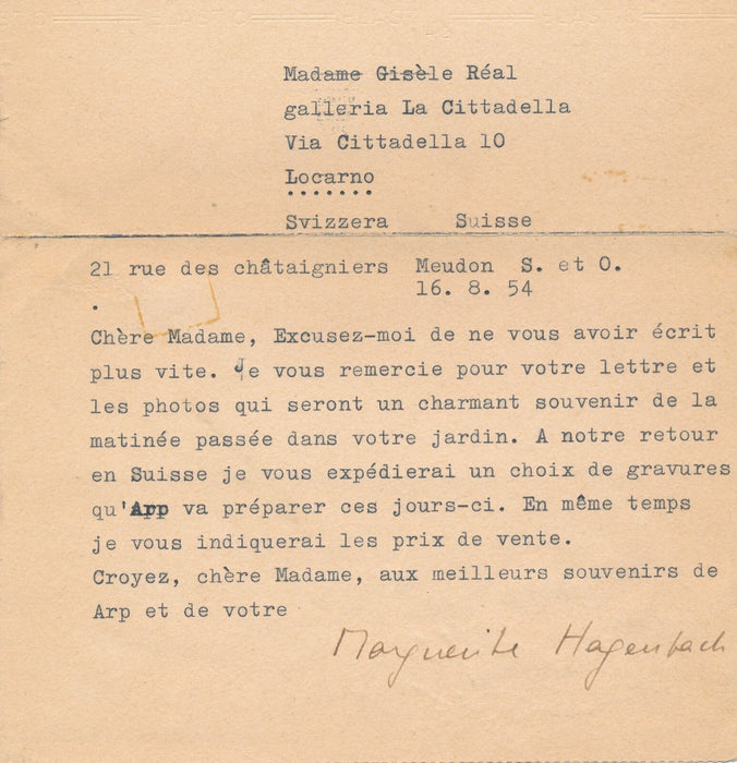 Marguerite ARP-HAGENBACH épouse ARP 2 lettres autographe signée Meudon gravure