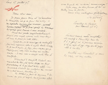 NADAR quitte Paris pour Nice ou Marseille lettre autographe signée 1895