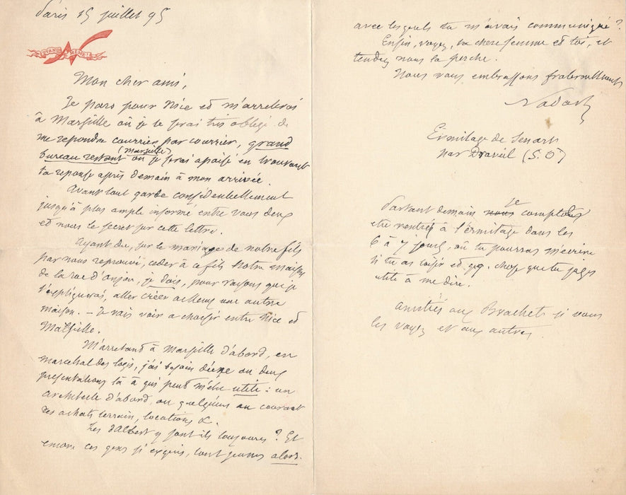 NADAR quitte Paris pour Nice ou Marseille lettre autographe signée 1895