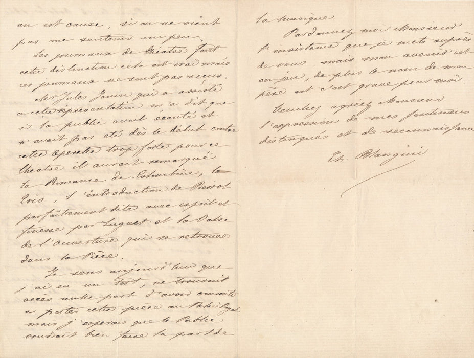Théodore BLANGINI son échec pour sa première pièce... Lettre autographe signée