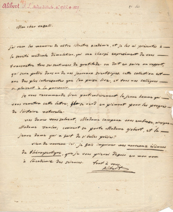 médecin Jean-Louis ALIBERT Nouveaux éléments de Thérapeutique lettre autographe