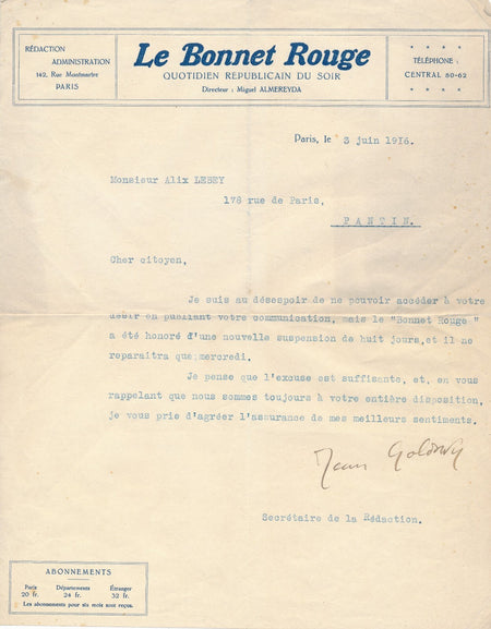 anarchisme Jean GOLDSKY censure Bonnet rouge lettre dactylographiée signée