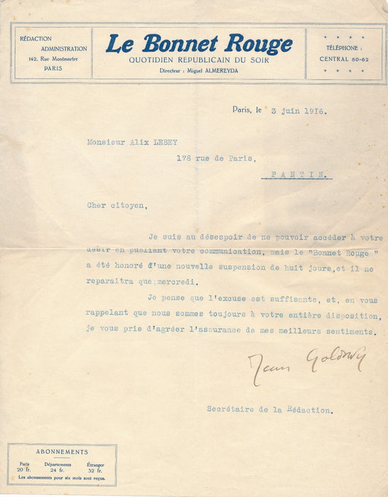 anarchisme Jean GOLDSKY censure Bonnet rouge lettre dactylographiée signée