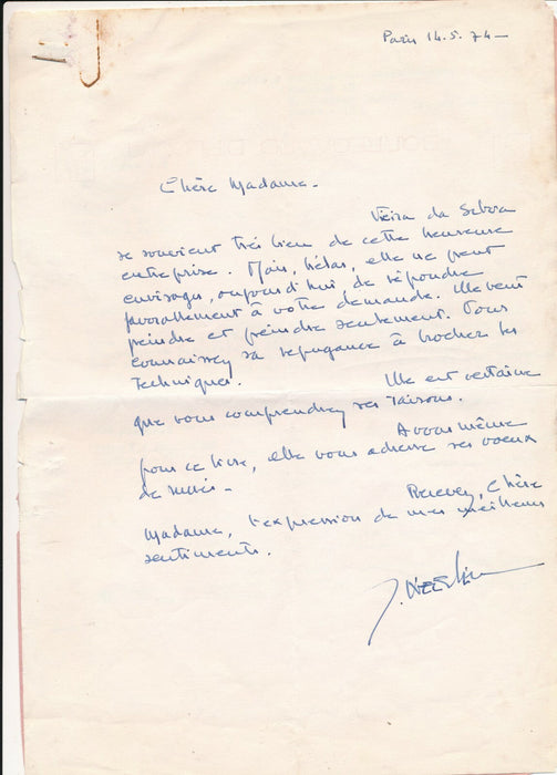 Sur Maria Helena VIEIRA DA SILVA Lettre autographe signée Guy Weelen