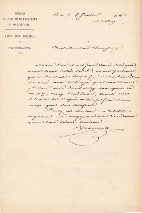 Denis Désiré RIOCREUX Sèvres porcelaine Champfleury 3 lettres autographes signée