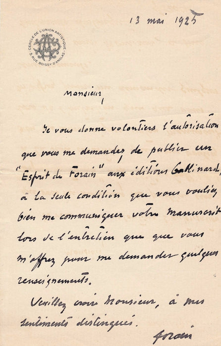 Jean-Louis Forain lettre autographe signée biographie Gallimard