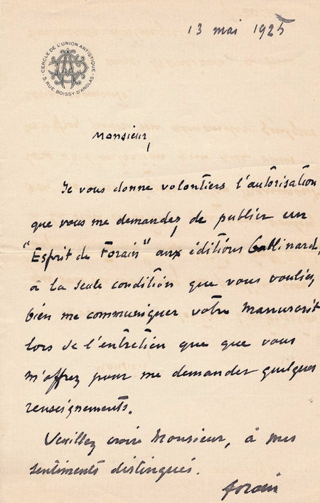 Jean-Louis Forain lettre autographe signée biographie Gallimard