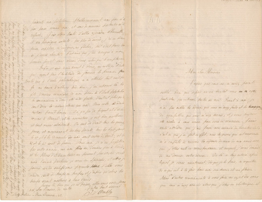 jeune A d AMBLY collège Rollin lettre autographe signée professeur d'Arsac 1871