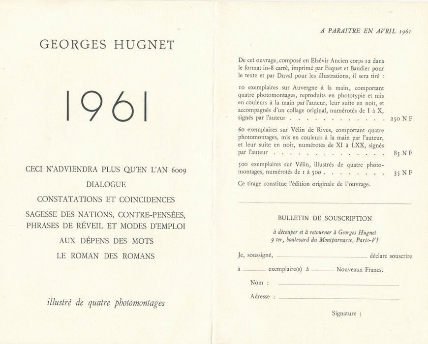 Georges HUGNET Avis de souscription de « 1961 » carte imprimée