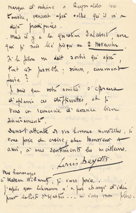 CINÉMA Dame aux Camélias Louis BEYDTS lettre autographe signée à WILLEMETZ Hahn