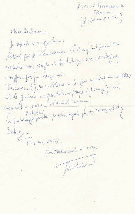 Darius MILHAUD Souvenirs du Bœuf sur le toit lettre autographe signée 1961