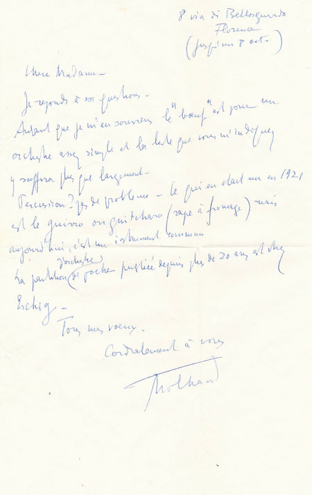 Darius MILHAUD Souvenirs du Bœuf sur le toit lettre autographe signée 1961