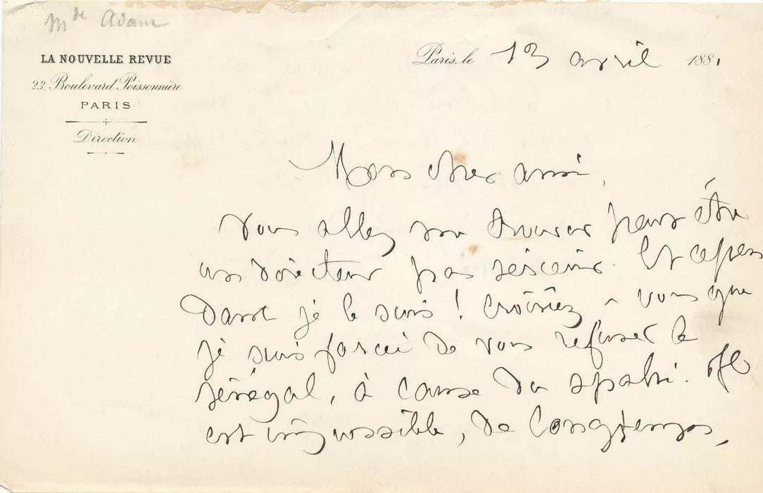 Lot Juliette ADAM écrivaine féministe 3 documents autographes et carte visite