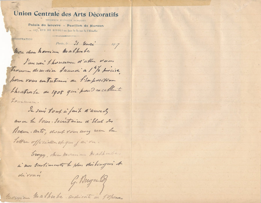 Art décoratifs Georges BERGER 5 lettres autographes signées exposition. Ensemble