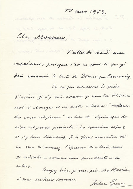 Julien Green à Yves Berger intéressante lettre autographe Dominique Fernandez