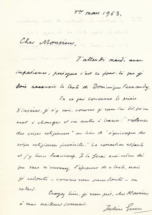 Julien Green à Yves Berger intéressante lettre autographe Dominique Fernandez
