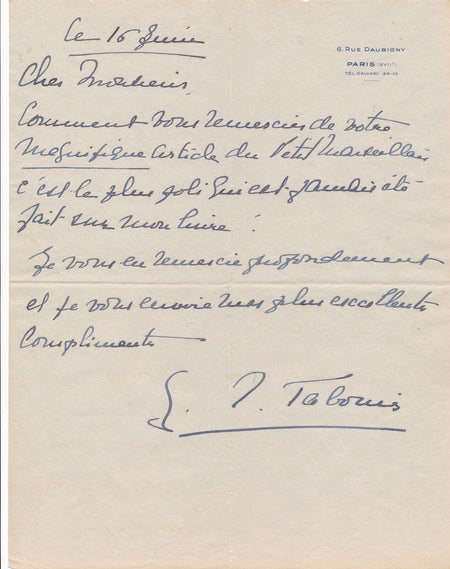 Geneviève TABOUIS lettre autographe signée remerciement Nabuchodonosor 1931