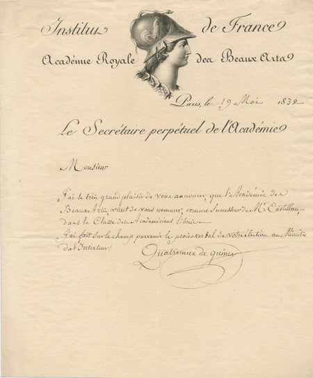 Chrysostome QUATREMÈRE DE QUINCY lettre autographe à Charles de CLARAC