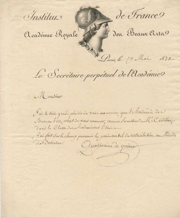 Chrysostome QUATREMÈRE DE QUINCY lettre autographe à Charles de CLARAC