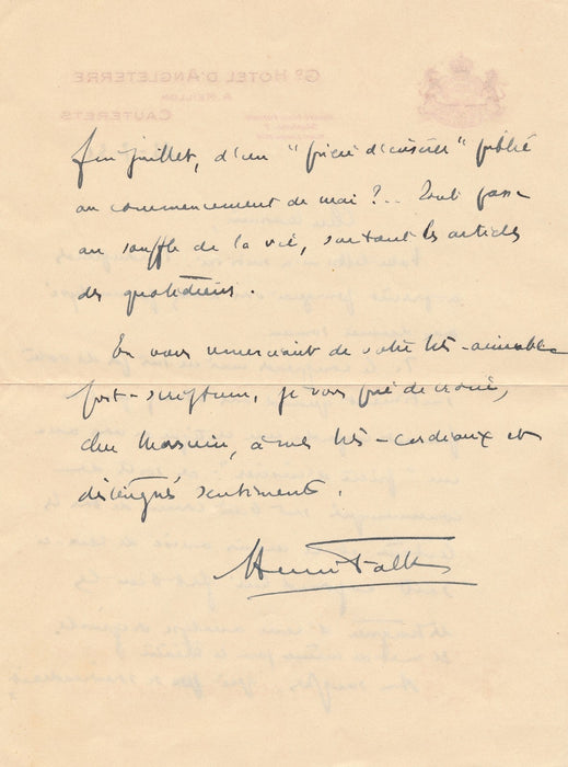 Henri Falk 2 lettres cauterets Courte Echelle critique prière insérer autographe