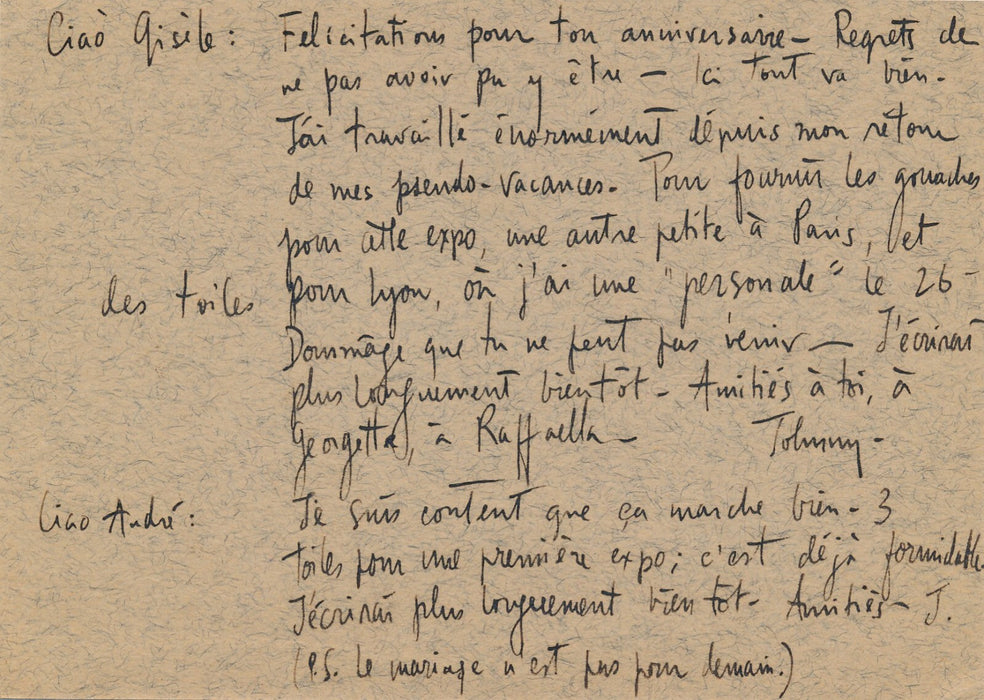 John-Franklin KOENIG carte autographe signée galerie La Palette, Zürich, 1958