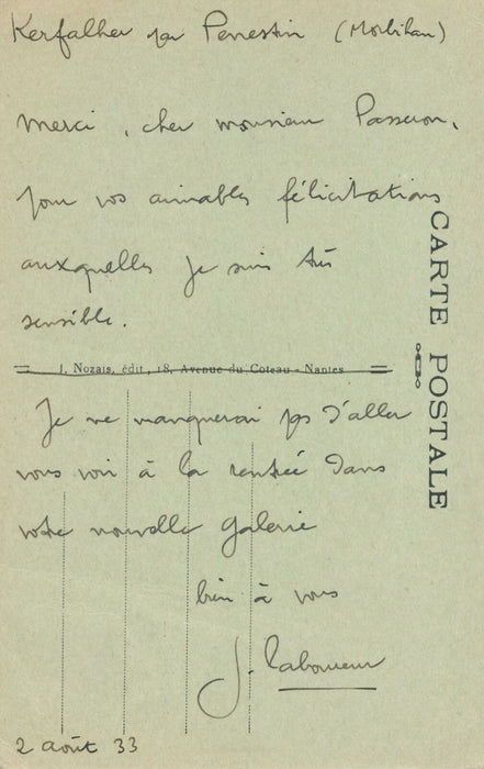 Jean Émile LABOUREUR carte autographe signée Kerfalher Passeron visite galerie
