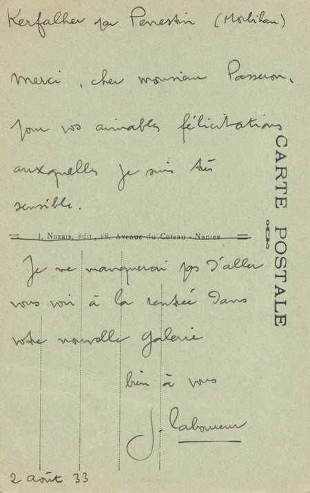 Jean Émile LABOUREUR carte autographe signée Kerfalher Passeron visite galerie