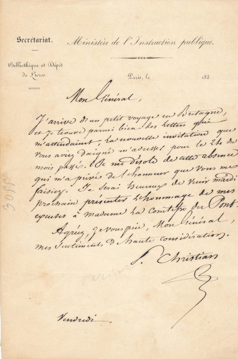 P.  CHRISTIAN Bugeaud Nodier Lettre autographe signée absence bibliothèque