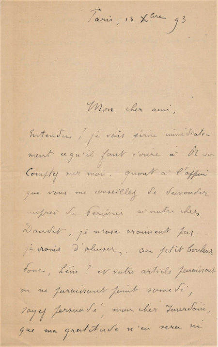 Léon HENNIQUE lettre autographe signée à Frantz Jourdain Alphonse Daudet