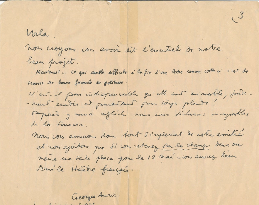 Marcel JOUHANDEAU manuscrit autographe 2 p. Dun-le-Palestel et BAT signé