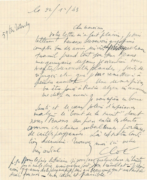 René Jean CLOT 2 lettres autographes Alger 1943 Frison Roche opportuniste