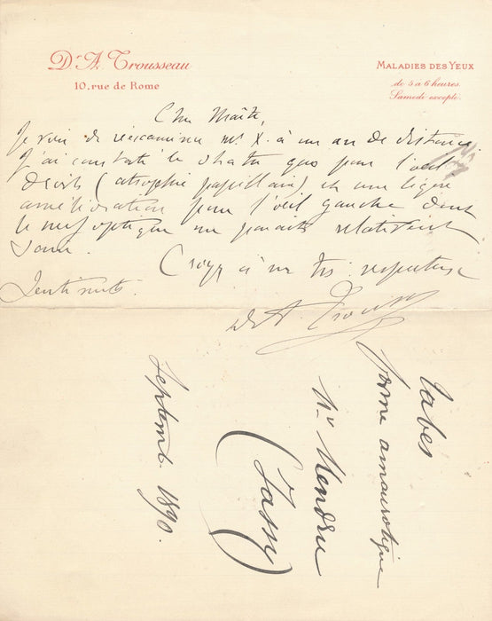 Armand-Henri TROUSSEAU ophtalmologue diagnostics maladie 2 lettres autographes