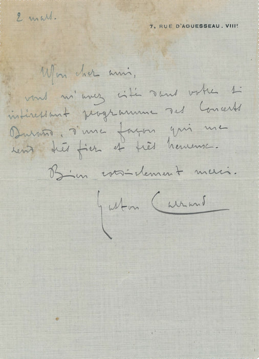 Gaston CARRAUD compositeur 2 lettres autographes signées Malherbe Schubert