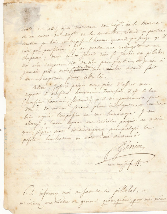 François GÉNIN lettre autographe signée il cherche ses pilules ! humour médecine