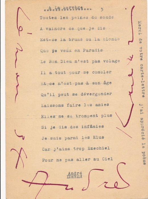 André KUENZI Suisse 6 lettres signées dont poèmes et 1 dessin Formes Couleurs