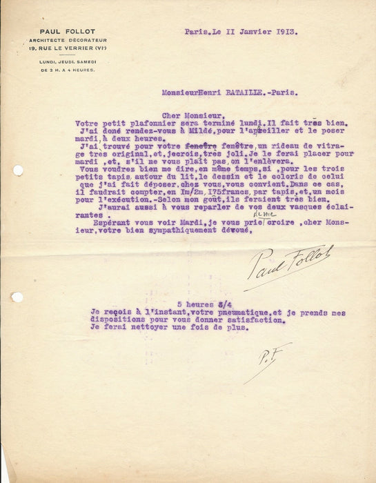 Paul FOLLOT architecte décorateur lettre autographe signée devis Henry Bataille