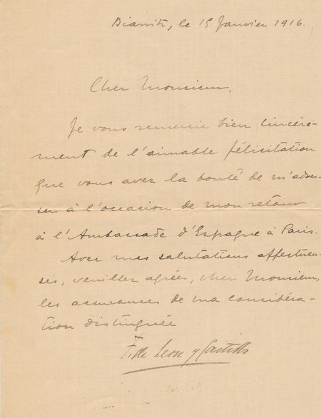 Fernando LEÓN Y CASTILLO Marqués d. Muni lettre signée acteur Febvre Espagne