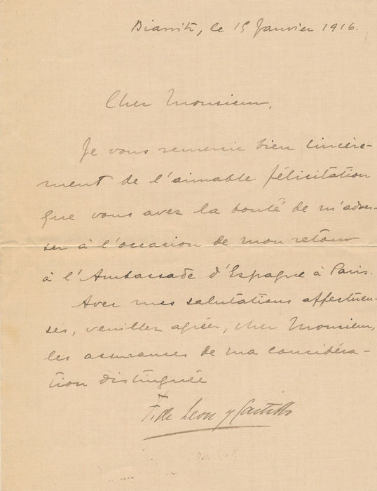 Fernando LEÓN Y CASTILLO Marqués d. Muni lettre signée acteur Febvre Espagne