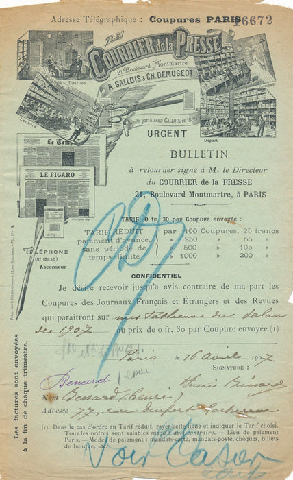 Henri BÉNARD (1860-1927) peintre lettre signée Courrier Presse Salon 1907
