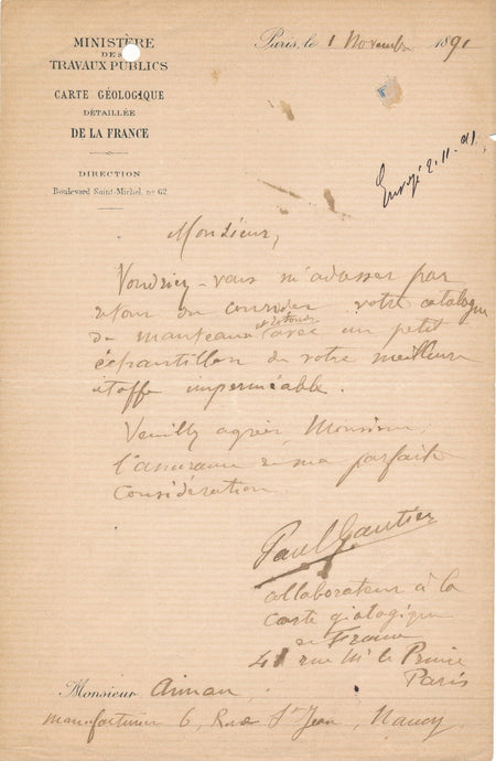 géologue Paul GAUTIER demande échantillons d'étoffes lettre autographe signée