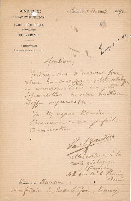 géologue Paul GAUTIER demande échantillons d'étoffes lettre autographe signée