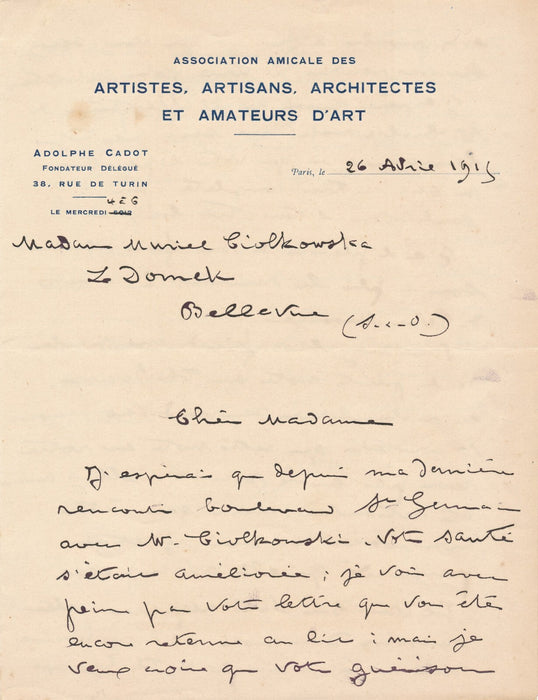 Adolphe CADOT échange journaliste Ciolkowska lettre autographe signée The Egoist