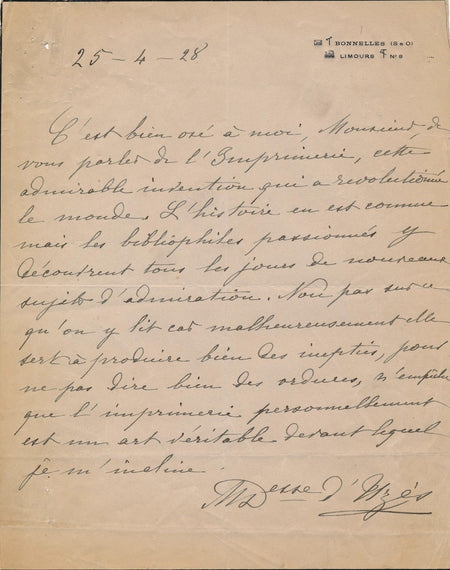 Duchesse d Uzès Mortemart Lettre autographe signée et carte imprimerie histoire